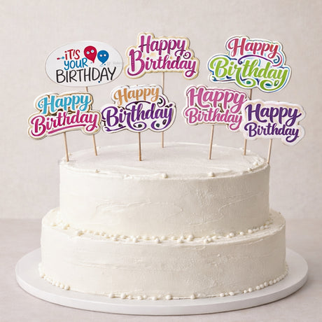 Happy Birthday Cake Toppers | Multiple Design Options with Wooden Stick | Pack of 50