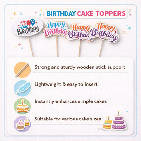 Happy Birthday Cake Toppers | Multiple Design Options with Wooden Stick | Pack of 50