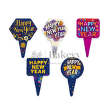 Set of colorful 'Happy New Year' decorative pick signs on a white background.