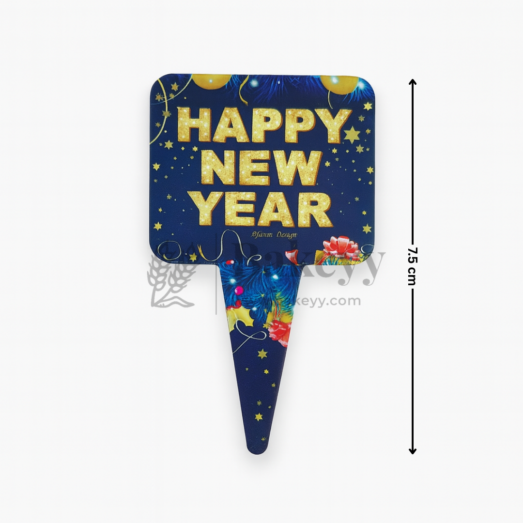 Decorative sign with 'Happy New Year' text on a blue background with stars and colorful elements.