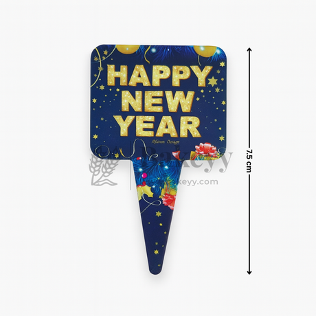 Decorative sign with 'Happy New Year' text on a blue background with stars and colorful elements.