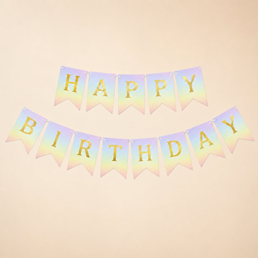 Pastel-colored 'Happy Birthday' banner with gold letters on a beige background