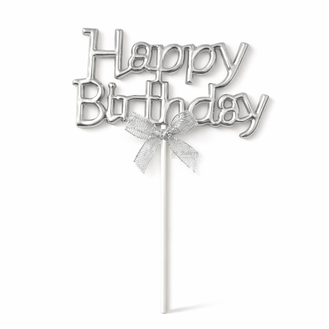 8.5 Inch | Metallic Silver Happy Birthday Cake Topper with Ribbon | Metallic Silver | 1 Piece