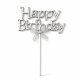 8.5 Inch | Metallic Silver Happy Birthday Cake Topper with Ribbon | Metallic Silver | 1 Piece