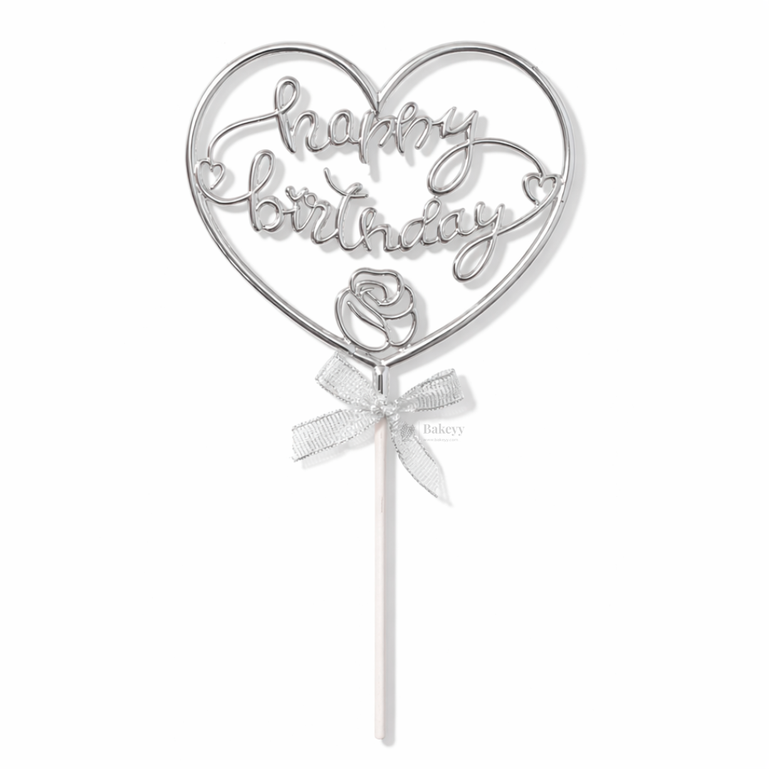 8.5 Inch | Metallic Silver Happy Birthday Cake Topper with Ribbon | Metallic Silver | 1 Piece