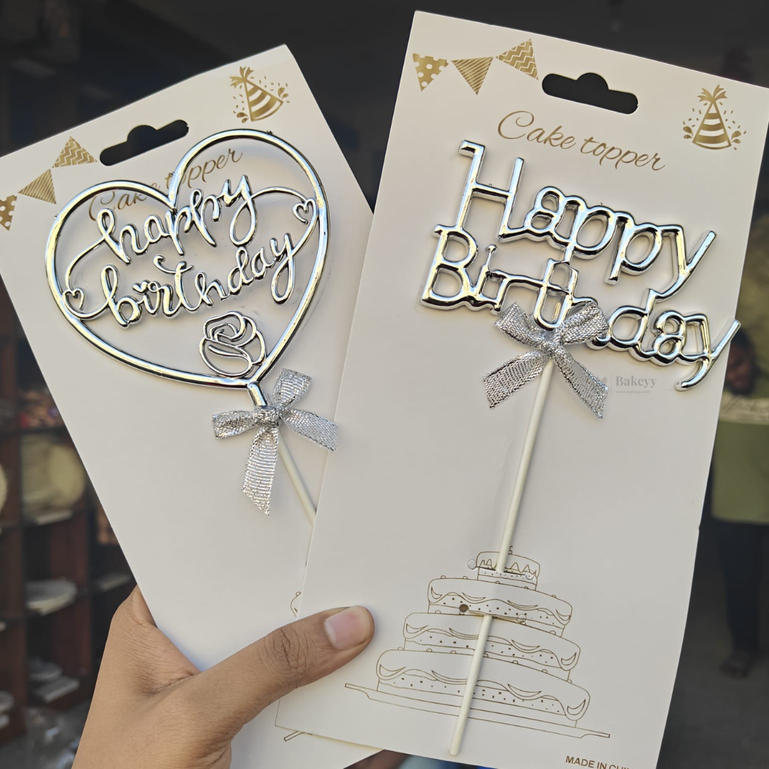8.5 Inch | Metallic Silver Happy Birthday Cake Topper with Ribbon | Metallic Silver | 1 Piece