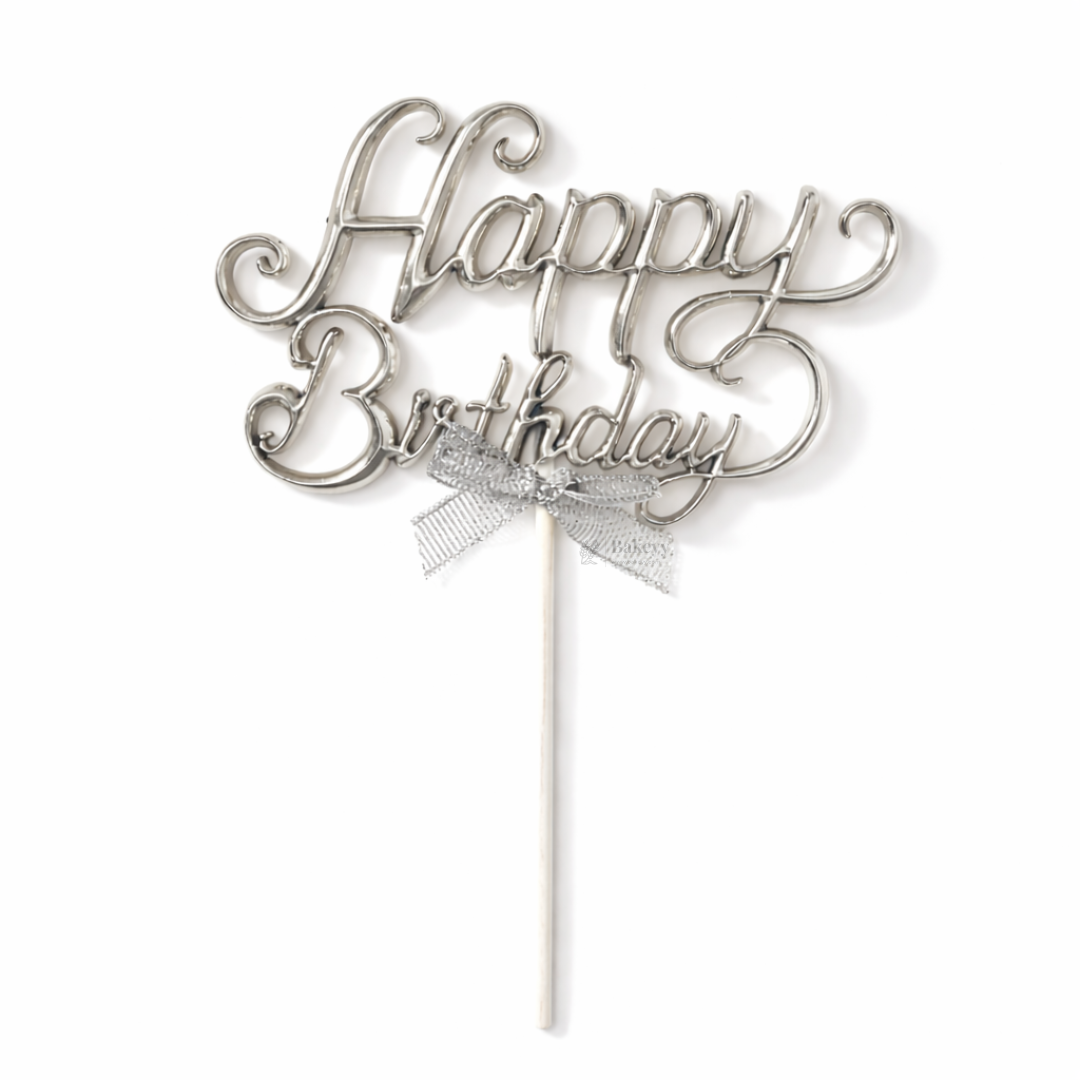 8.5 Inch | Metallic Silver Happy Birthday Cake Topper with Ribbon | Metallic Silver | 1 Piece