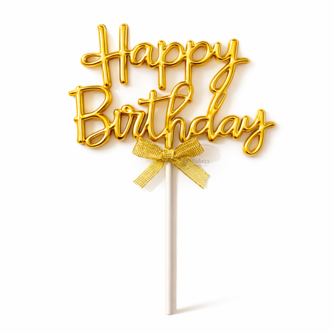 8.5 Inch | Metallic Gold Happy Birthday Cake Topper with Ribbon | Metallic Gold | 1 Piece