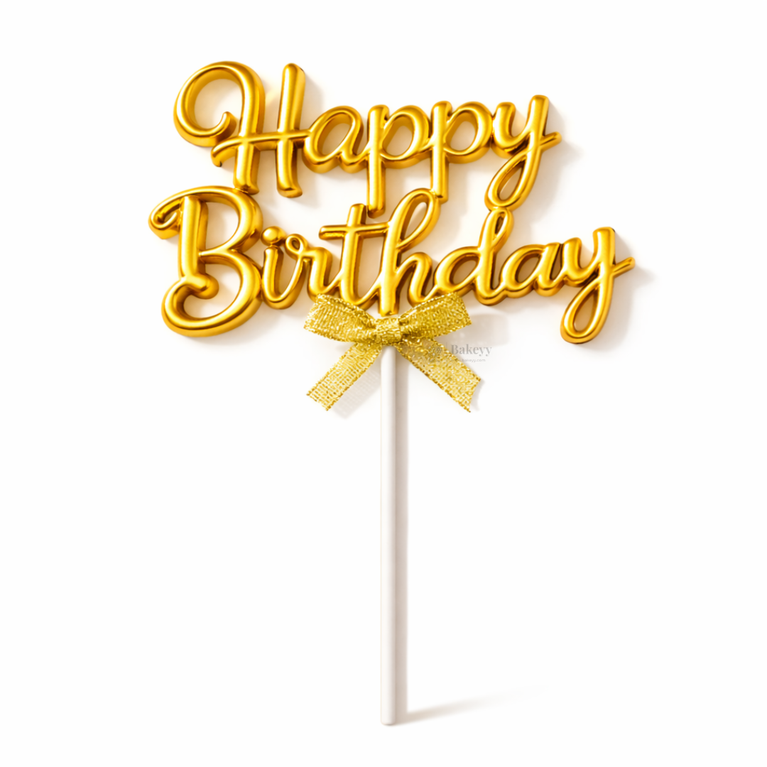 8.5 Inch | Metallic Gold Happy Birthday Cake Topper with Ribbon | Metallic Gold | 1 Piece