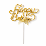 8.5 Inch | Metallic Gold Happy Birthday Cake Topper with Ribbon | Metallic Gold | 1 Piece