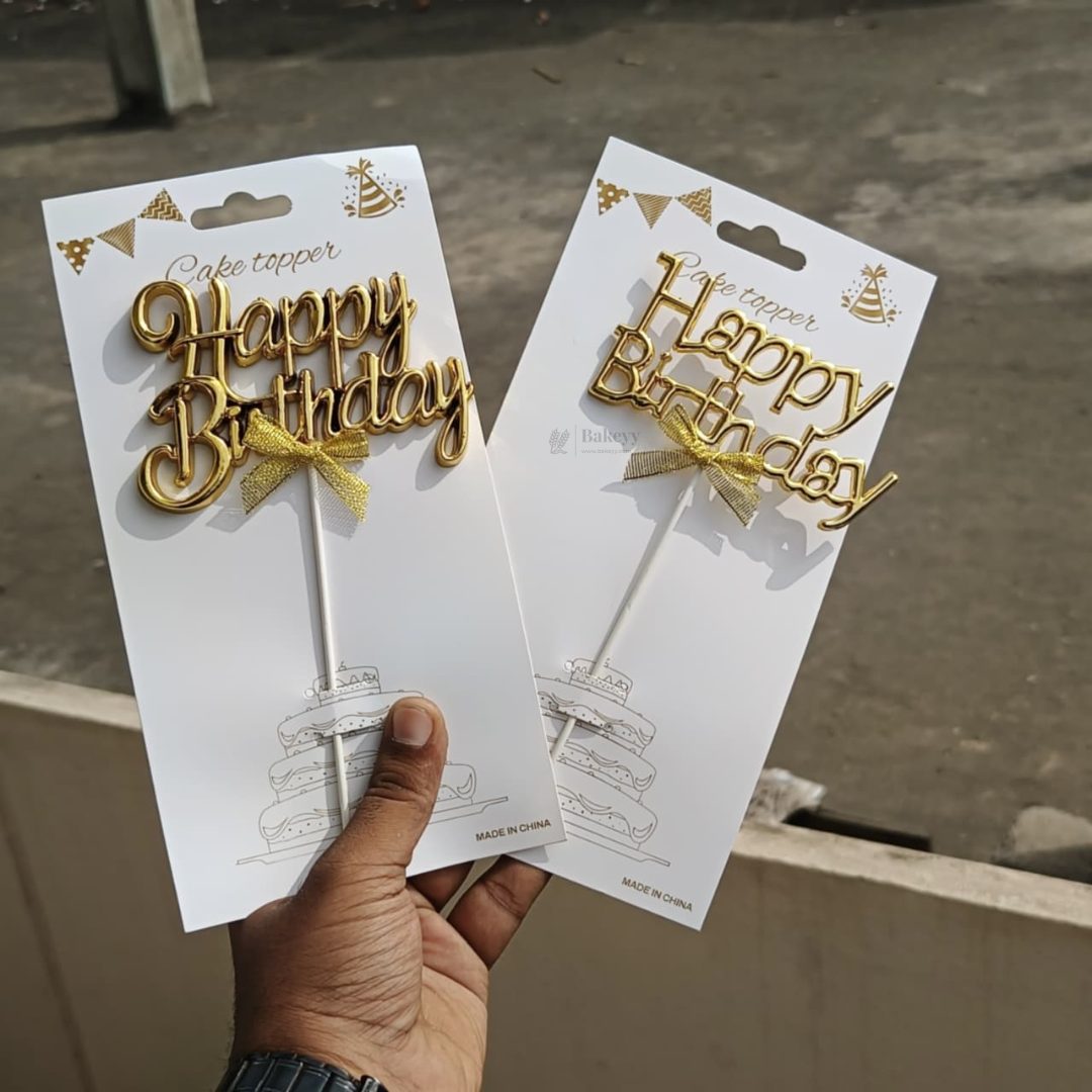 8.5 Inch | Metallic Gold Happy Birthday Cake Topper with Ribbon | Metallic Gold | 1 Piece