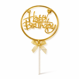8.5 Inch | Metallic Gold Happy Birthday Cake Topper with Ribbon | Metallic Gold | 1 Piece