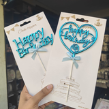 8.5 Inch | Metallic Blue Happy Birthday Cake Topper with Ribbon | Metallic Blue | 1 Piece
