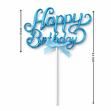 8.5 Inch | Metallic Blue Happy Birthday Cake Topper with Ribbon | Metallic Blue | 1 Piece
