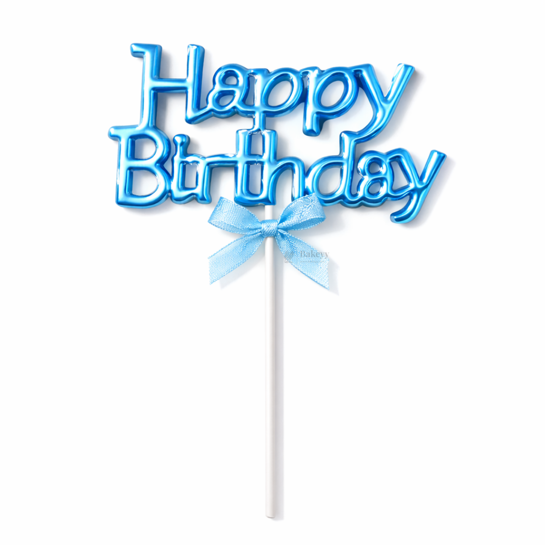 8.5 Inch | Metallic Blue Happy Birthday Cake Topper with Ribbon | Metallic Blue | 1 Piece