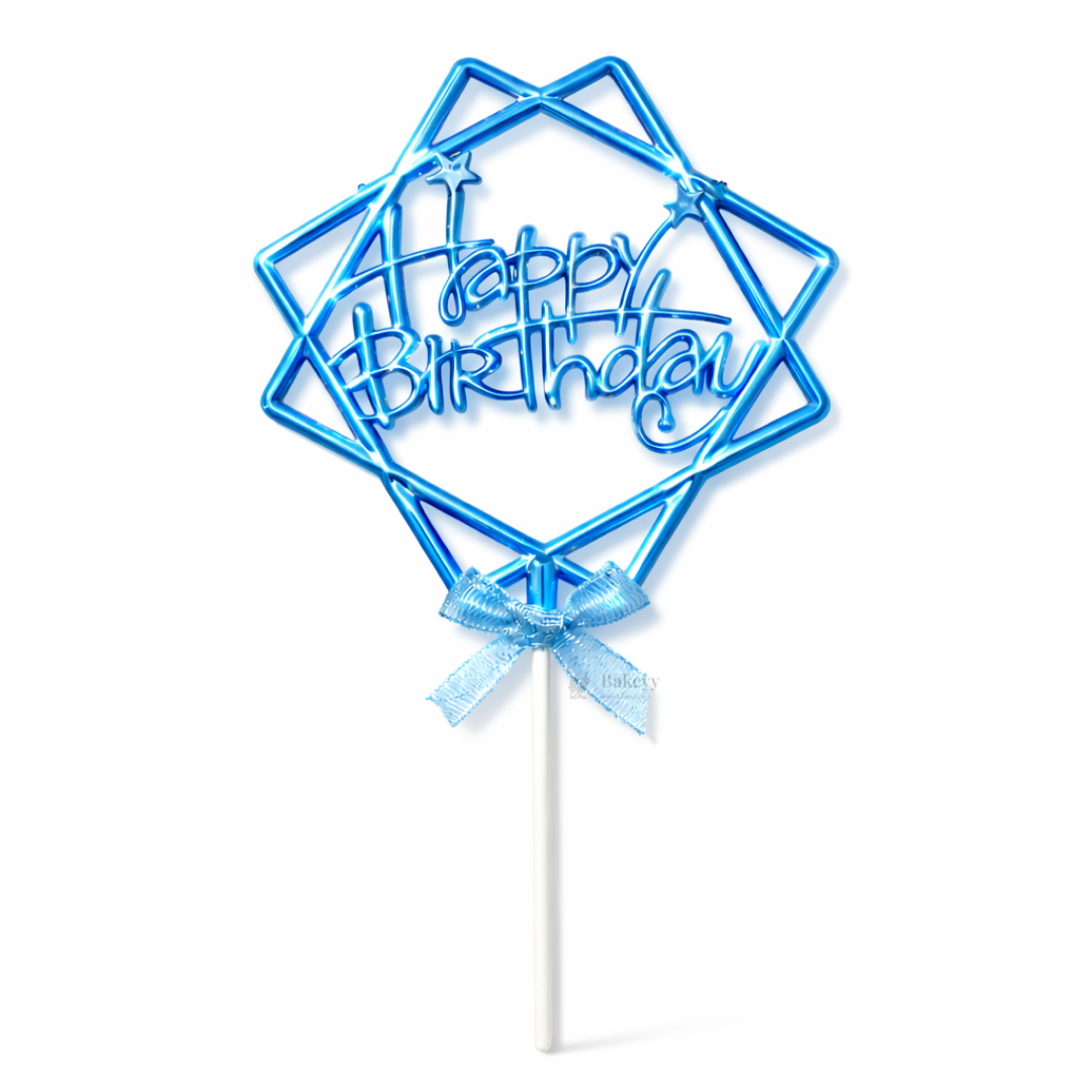 8.5 Inch | Metallic Blue Happy Birthday Cake Topper with Ribbon | Metallic Blue | 1 Piece