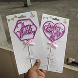 8.5 Inch | Metallic Pink Happy Birthday Cake Topper with Ribbon | Metallic Pink | 1 Piece