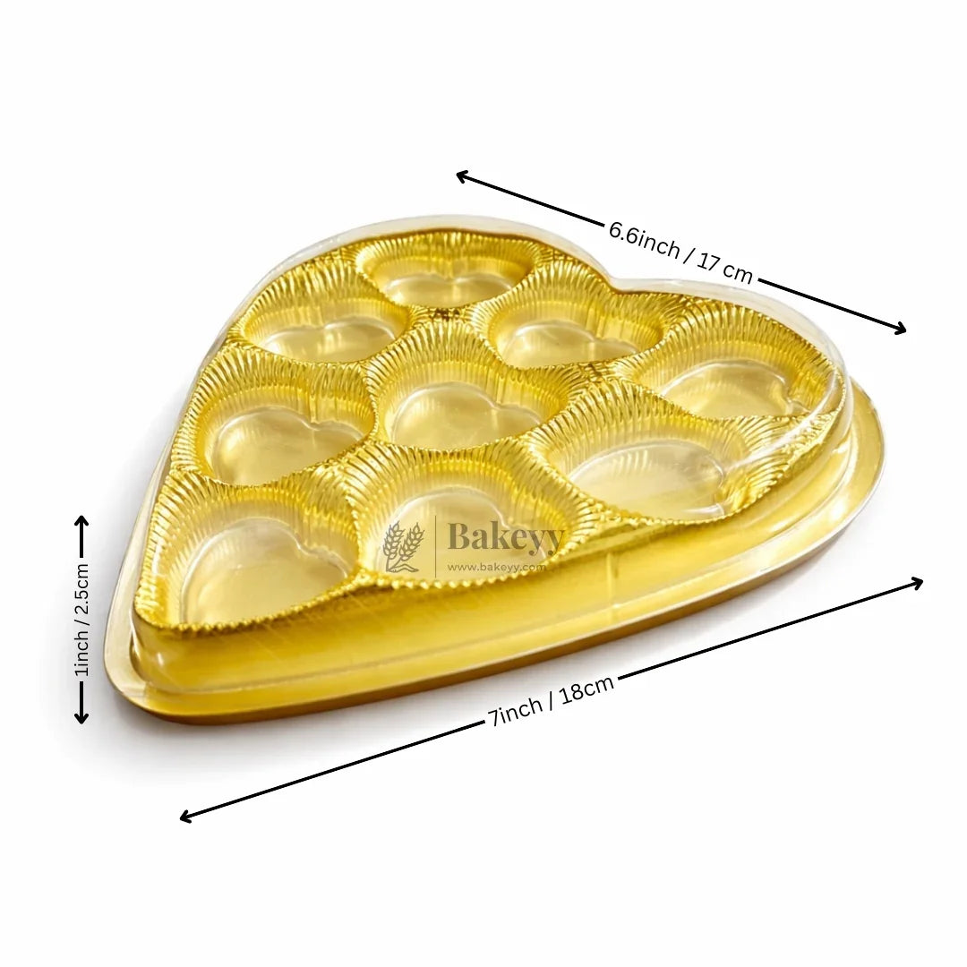 Heart Shape Chocolate Box with 9 Cavities | Transparent Lid Gift Box | Red & Gold Base | Pack of 10