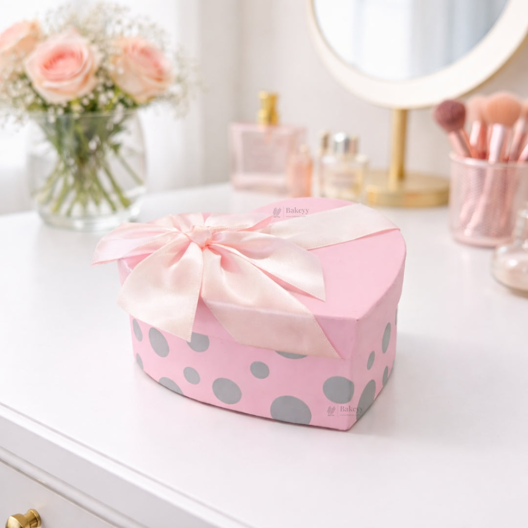 Heart Shape Polka Heart Gift Box | Premium Heart-Shaped Rigid Box with Satin Bow | Silver Polka Dot | Pack of 1