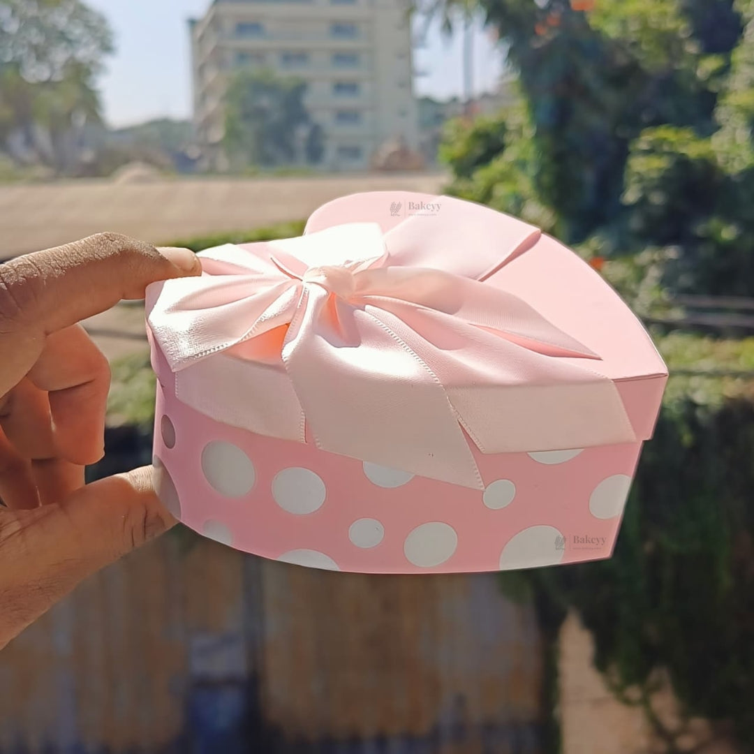 Heart Shape Polka Heart Gift Box | Premium Heart-Shaped Rigid Box with Satin Bow | Silver Polka Dot | Pack of 1