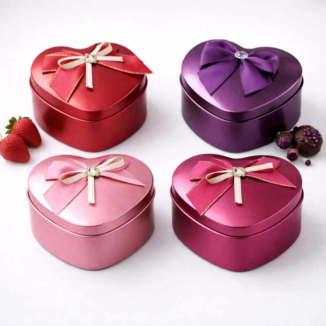 Colorful heart shaped tin gift boxes with bows, perfect for hamper making and bakery packaging