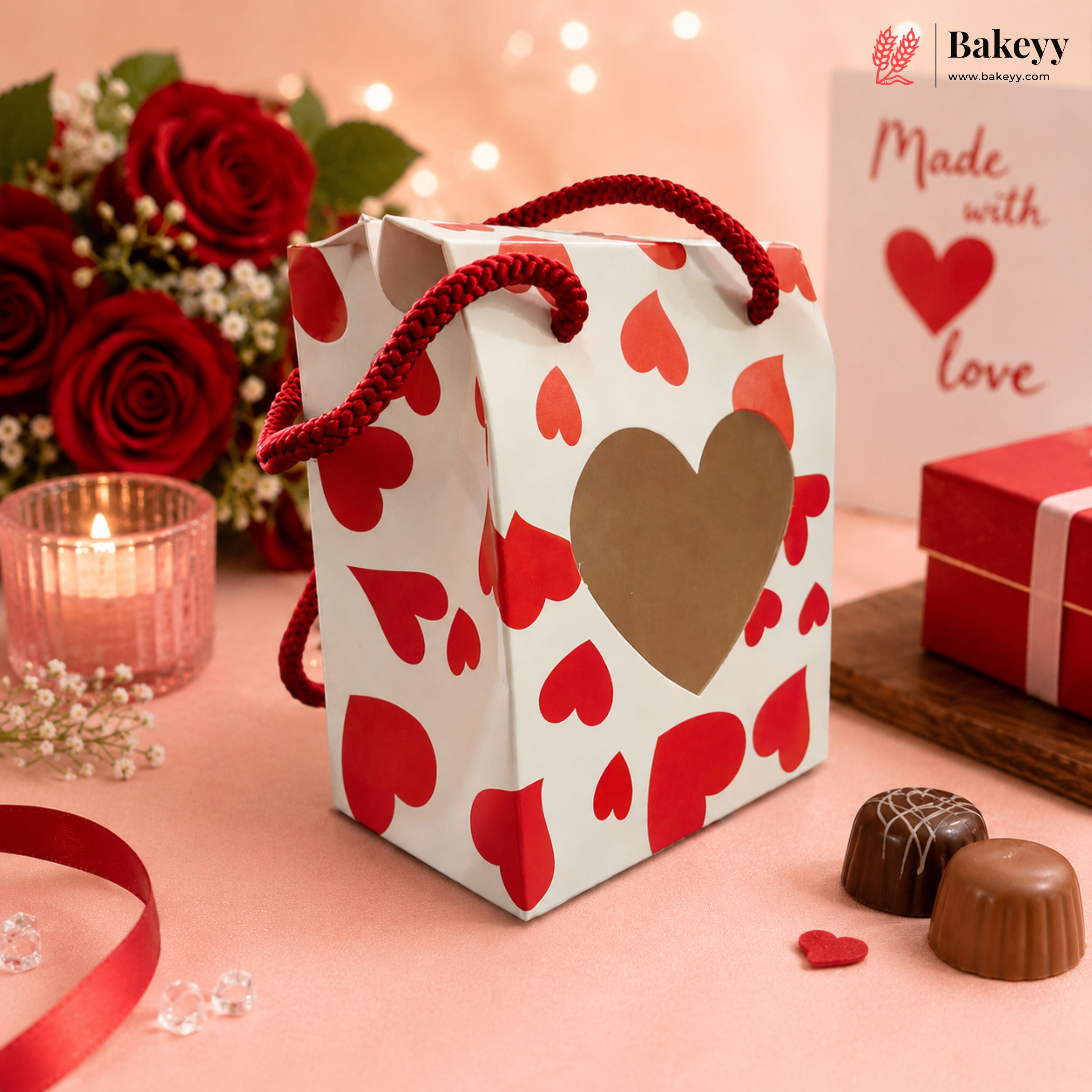 Gift bag with heart design on a pink surface with chocolates and flowers