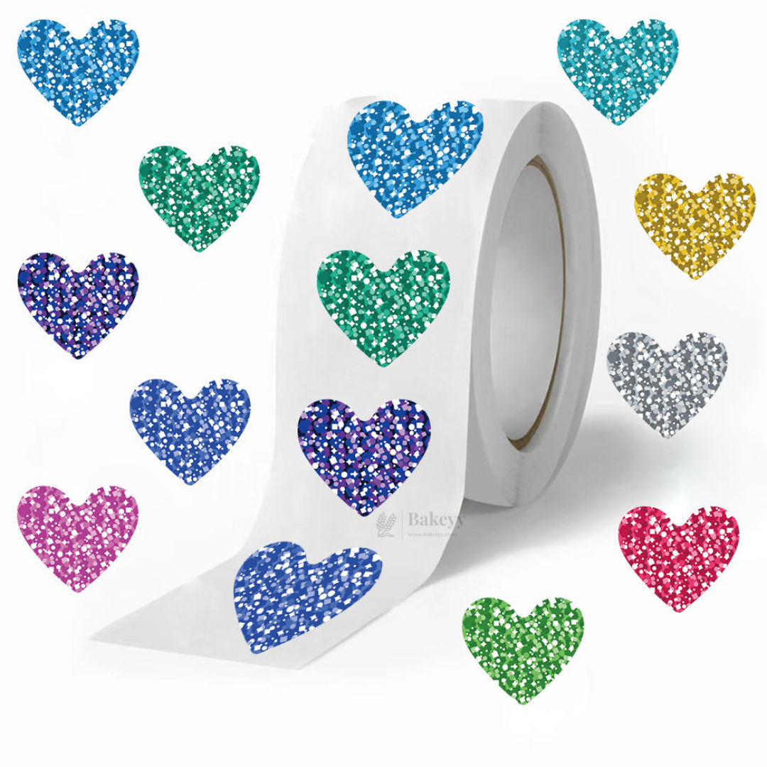 Heart Shape Stickers Roll | Printed Glitter-Effect Hearts | 500 Pcs | Pack of 1