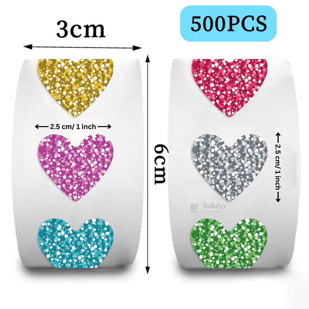 Heart Shape Stickers Roll | Printed Glitter-Effect Hearts | 500 Pcs | Pack of 1