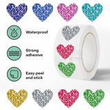 Heart Shape Stickers Roll | Printed Glitter-Effect Hearts | 500 Pcs | Pack of 1