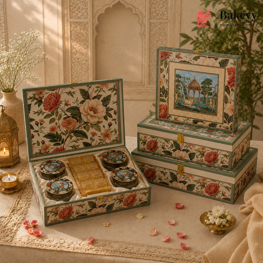 An ornate decorative gift box set displayed on a draped table. One open box reveals small round blue-and-gold items and a gold bar, while stacked closed boxes beside it show matching floral exterior panels and a small illustrated lid.