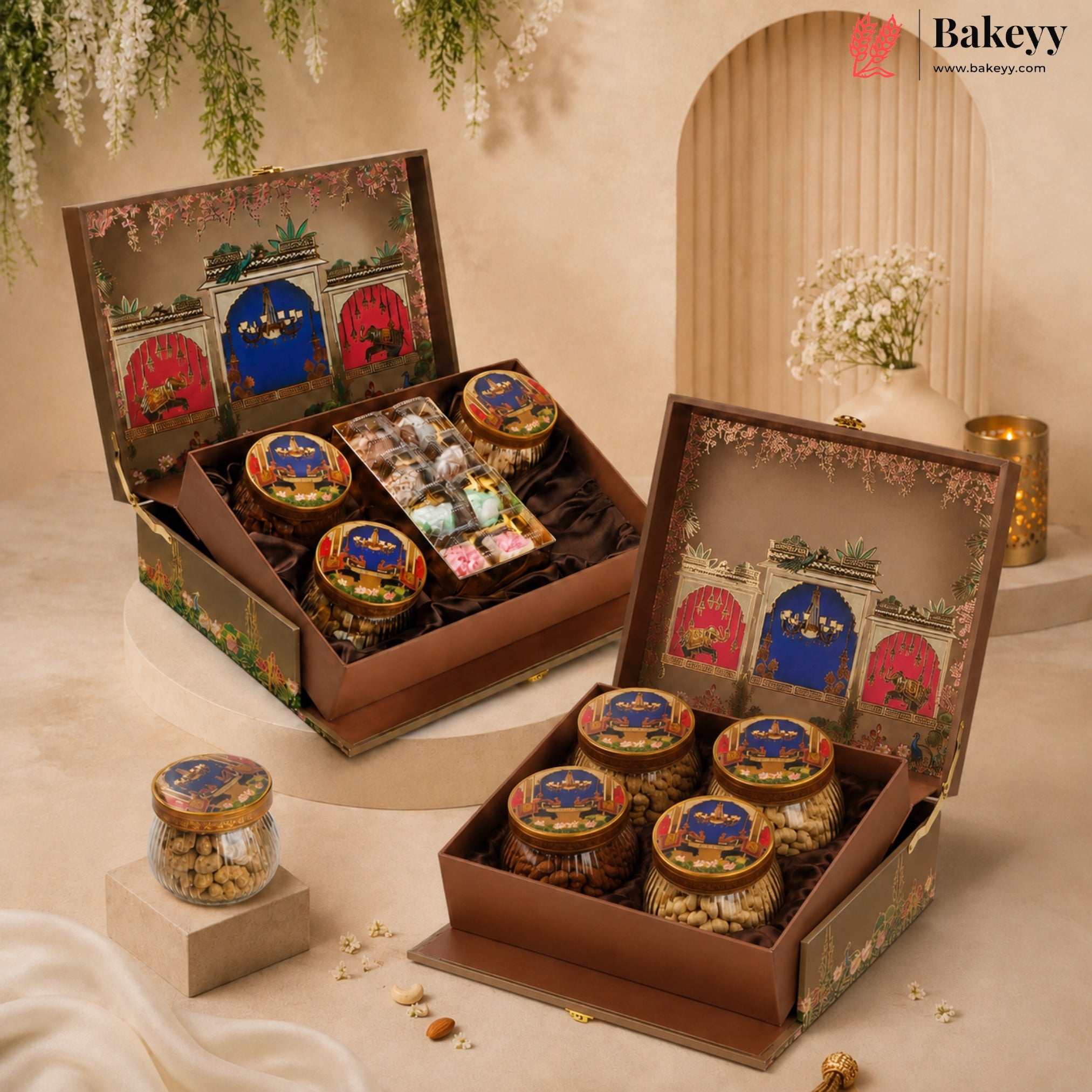 Two ornate Bakeyy gift boxes filled with assorted packaged snacks and jars, displayed on a warm beige set with decorative arches, hanging greenery, and small floral arrangements.