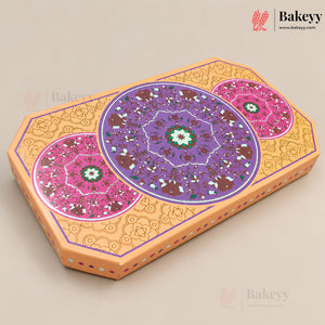 A rectangular decorative cake box with an ornate Persian-style mosaic design in purple, pink, orange, and brown, shown on a solid beige background. The Bakeyy brand logo is visible in the top right corner.