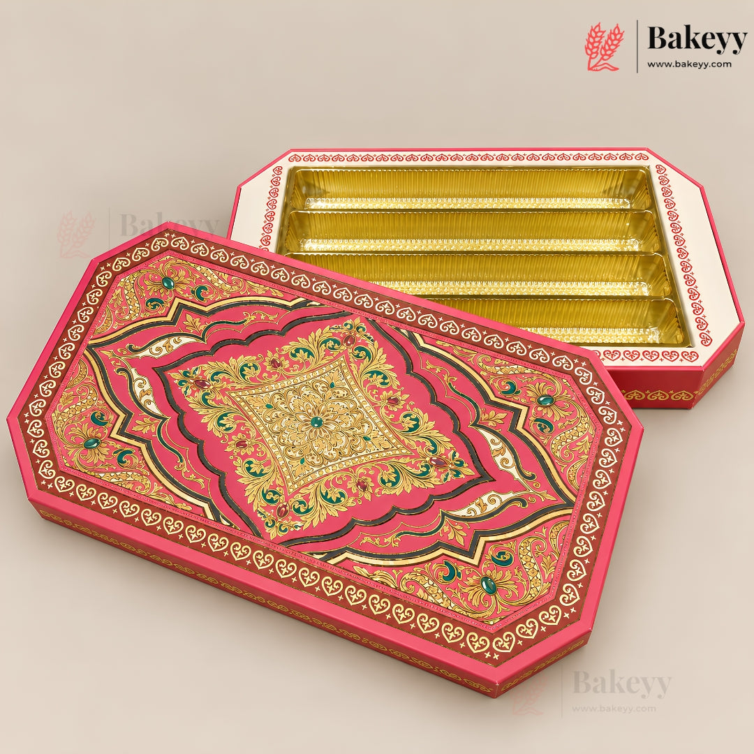 An octagonal decorative bakery gift box shown closed from the front and open from the side, revealing gold-lined compartments. The box features intricate red, pink, green, and gold ornamental patterns on a light beige background.