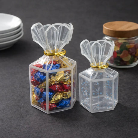 Hexagon Candy Bag Style PVC Goodie Box | Transparent Return Gift Box | 2 Sizes Available | Pack of 10