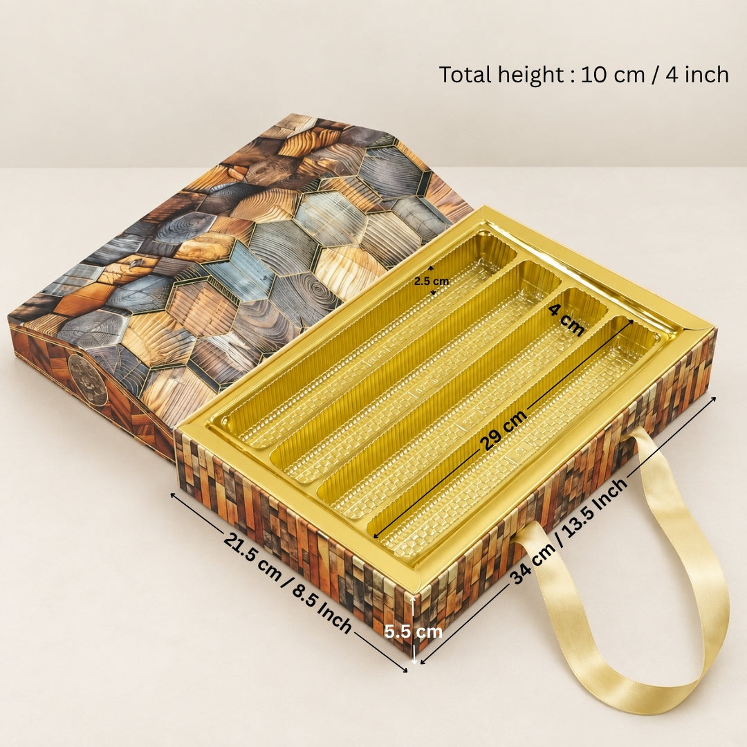 A gold-colored 4-compartment jewelry organizer tray with a patterned lid, shown open with dimension labels indicating its measurements. The lid is placed behind it on a light beige background.