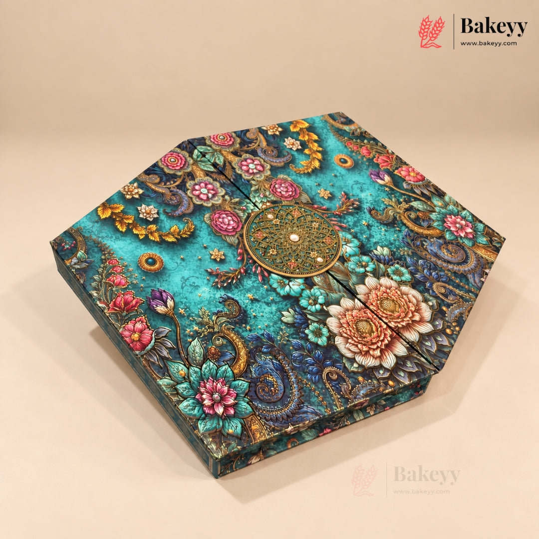 Hexagonal Printed Box with Golden Cavity & Magnetic Lock | 4 Designs | Pack of 1