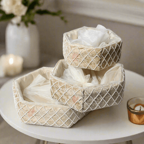Hexagonal Velvet Pearl Embellished Hamper | Luxurious Gifting Basket - Bakeyy.com - India - Hexagonal Velvet Pearl Embellished Hamper | Luxurious Gifting Basket - Small