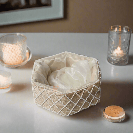 Hexagonal Velvet Pearl Embellished Hamper | Luxurious Gifting Basket - Bakeyy.com - India - Hexagonal Velvet Pearl Embellished Hamper | Luxurious Gifting Basket - Small