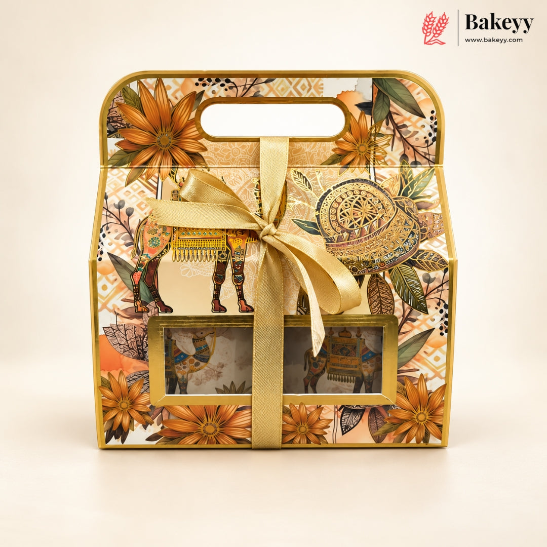 Indian Heritage Embossed Gift Box with Window, Handle & Ribbon | 4 Designs | Pack of 5