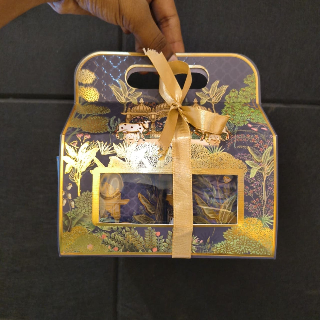 Indian Heritage Embossed Gift Box with Window, Handle & Ribbon | 4 Designs | Pack of 5