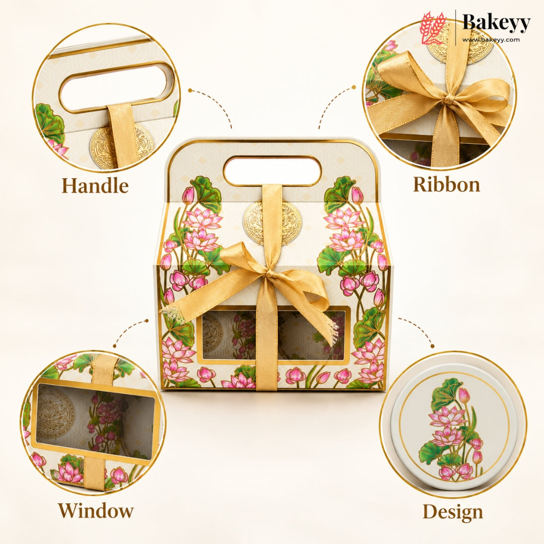 Indian Heritage Embossed Hamper Box with Window, Handle & Ribbon | 4 Designs | Pack of 5