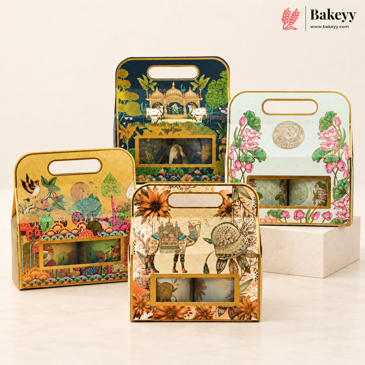 Indian Heritage Embossed Hamper Box with Window, Handle & Ribbon | 4 Designs | Pack of 5
