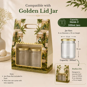 A printed gift box designed to hold two clear glass jars with gold lids, shown on a beige background with text explaining compatibility and dimensions. The box has a tropical pavilion print with a clear window displaying two empty jars with gold lids.