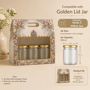 A floral-patterned gift box shown with three clear glass jars inside, alongside text and diagrams explaining compatibility with Golden Lid jars, jar size, capacity, and fit. The scene is styled on a beige background with decorative flowers and a ceramic vase.