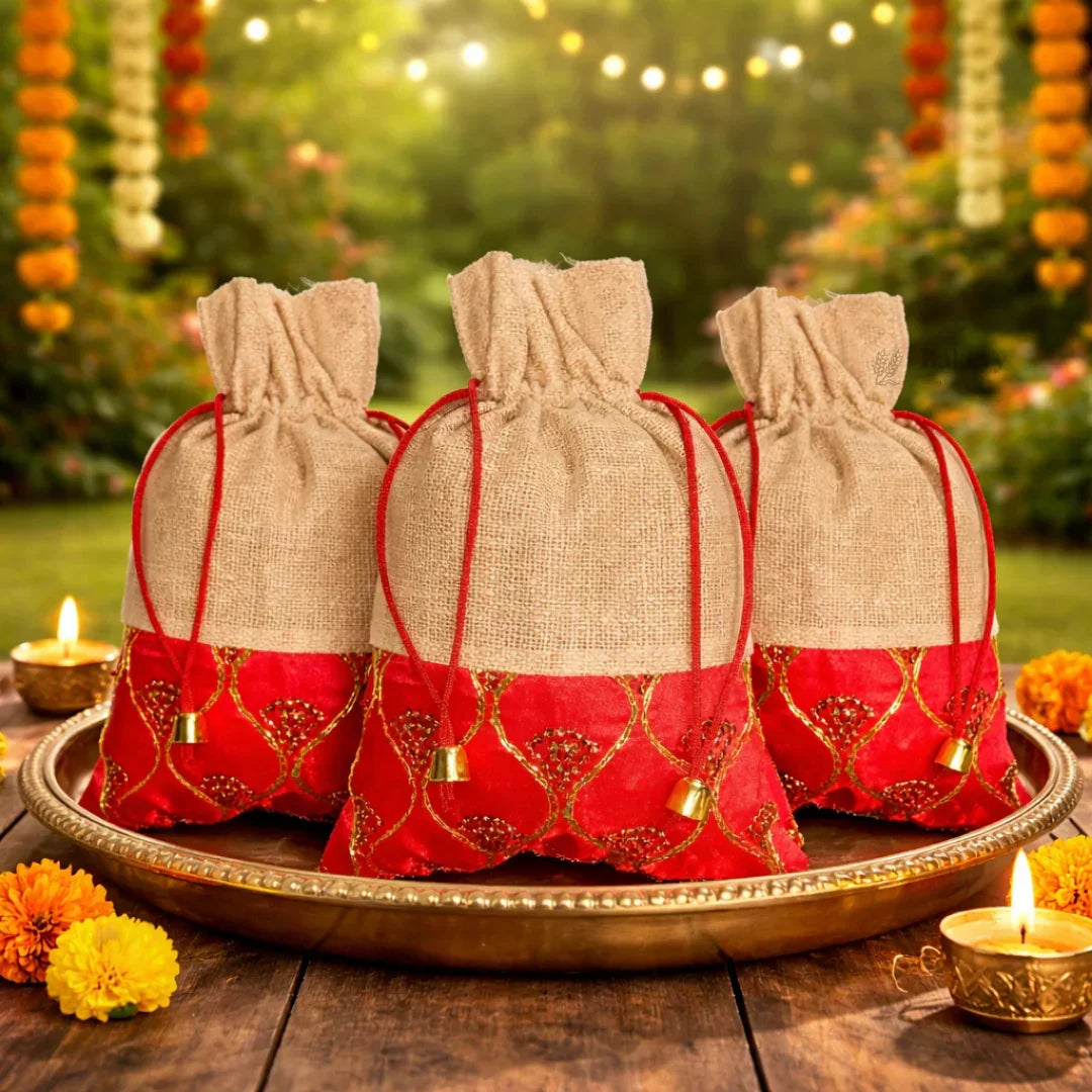 Jute & Red Embroidered Potli Bag with Drawstring | Festive Gift Pouch for Wedding & Return Gifts | Pack of 10 - Bakeyy.com - India - Jute & Red Embroidered Potli Bag with Drawstring | Festive Gift Pouch for Wedding & Return Gifts | Pack of 10 - Default Title 0.00