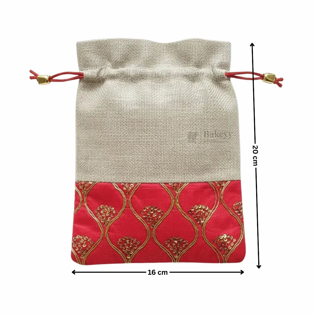 Jute_RedEmbroideredPotliBagwithDrawstringFestiveGiftPouchforWedding_ReturnGiftsPackof10_3 - Bakeyy.com