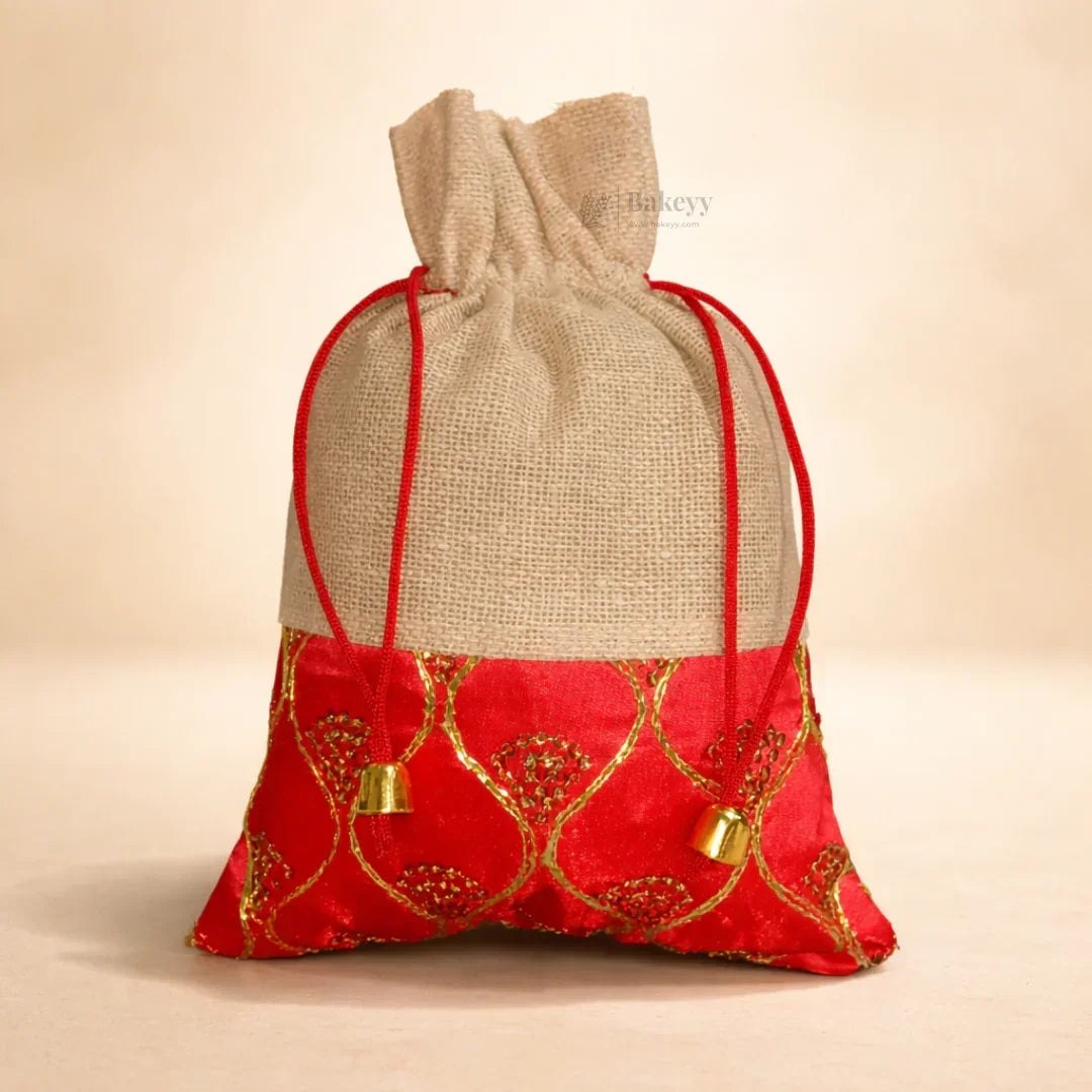Jute_RedEmbroideredPotliBagwithDrawstringFestiveGiftPouchforWedding_ReturnGiftsPackof10_4 - Bakeyy.com