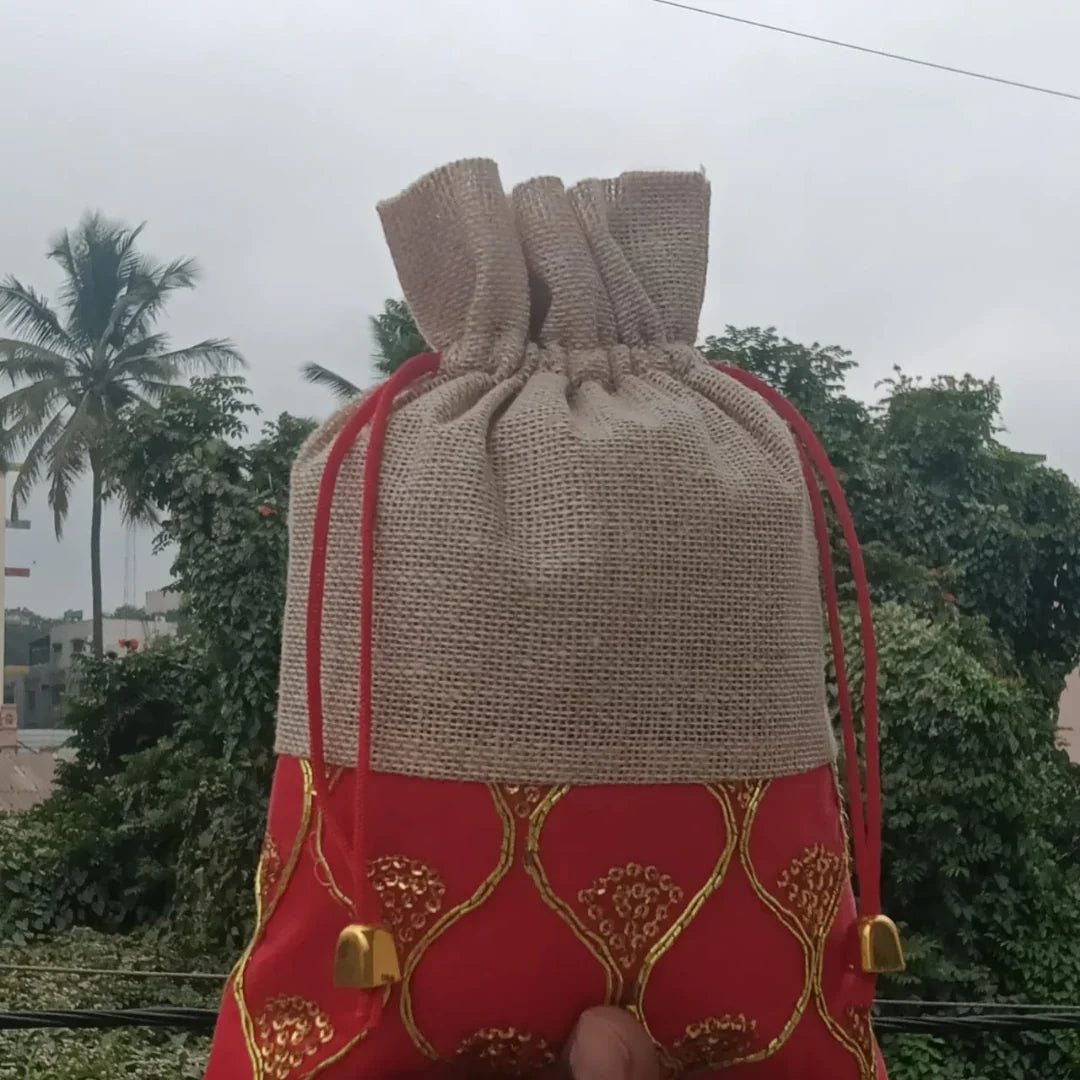 Jute & Red Embroidered Potli Bag with Drawstring | Festive Gift Pouch for Wedding & Return Gifts | Pack of 10 - Bakeyy.com - India - Jute & Red Embroidered Potli Bag with Drawstring | Festive Gift Pouch for Wedding & Return Gifts | Pack of 10 - Default Title 0.00