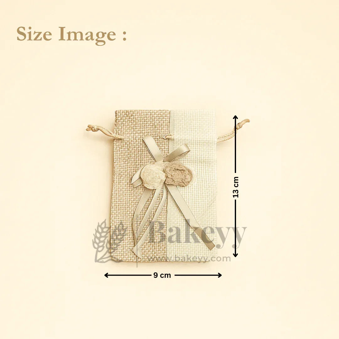 Jute potli bag with floral accents, ribbon, and drawstring, 9x13 cm, wholesale gift packaging at Bakeyy.com