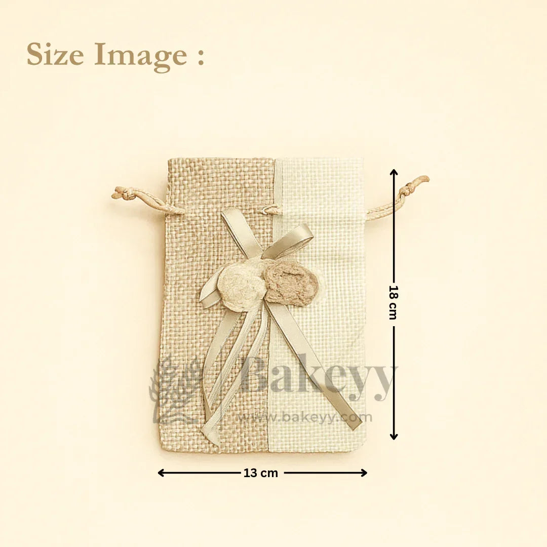 Jute potli bag with floral accents, ribbon, and drawstring, size 18x13 cm, from Bakeyy.com